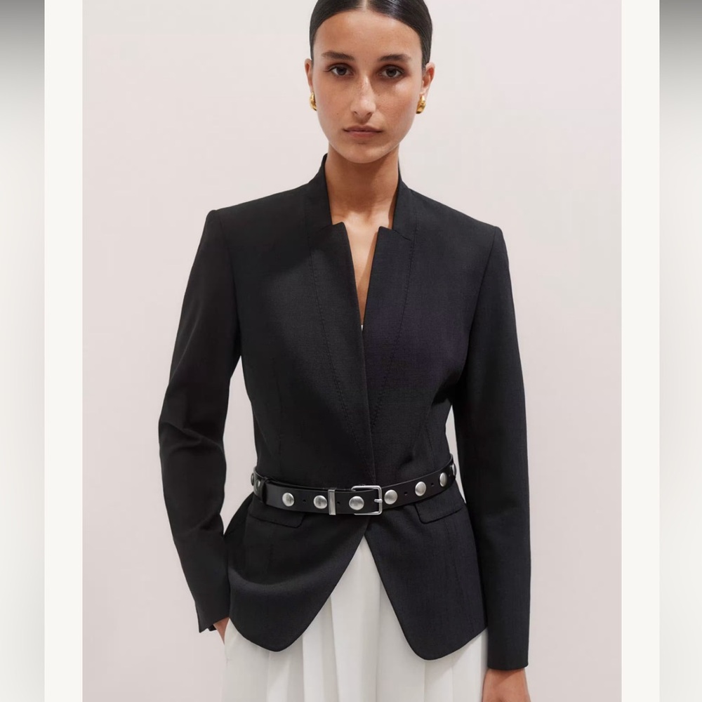 ME + EM WOMEN’s TEXTURED TAILORING COLLARLESS BLACK BLAZER CORPCORE QUIET LUXURY - Picture 2 of 16